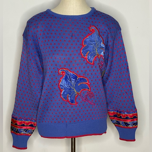 Vibrant vintage applique periwinkle and hot pink sweater - Picture 1 of 6
